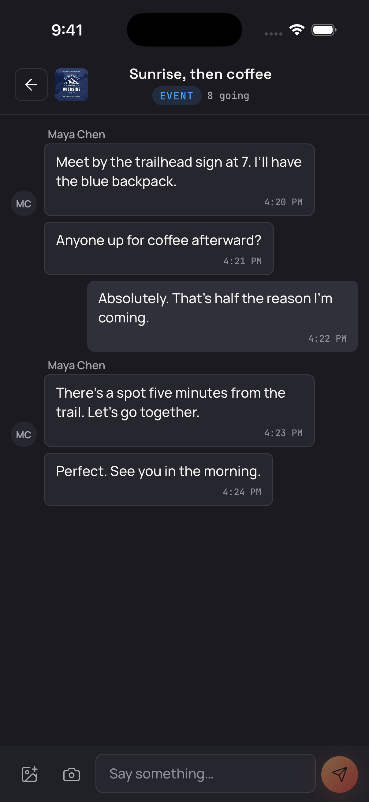 Netty iOS Event chat screen with sample content