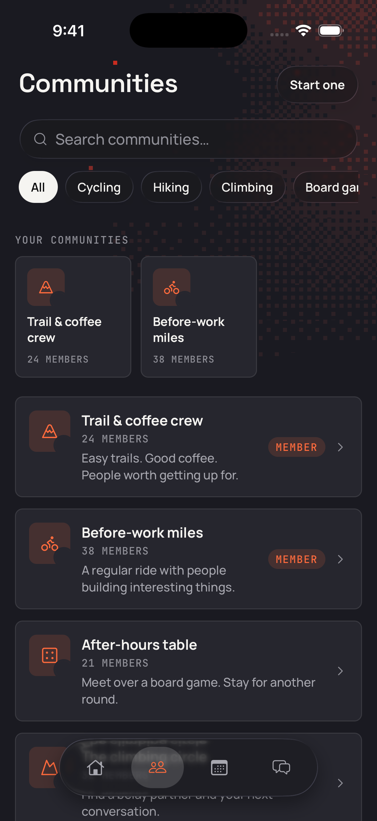 Netty iOS Communities screen with sample content