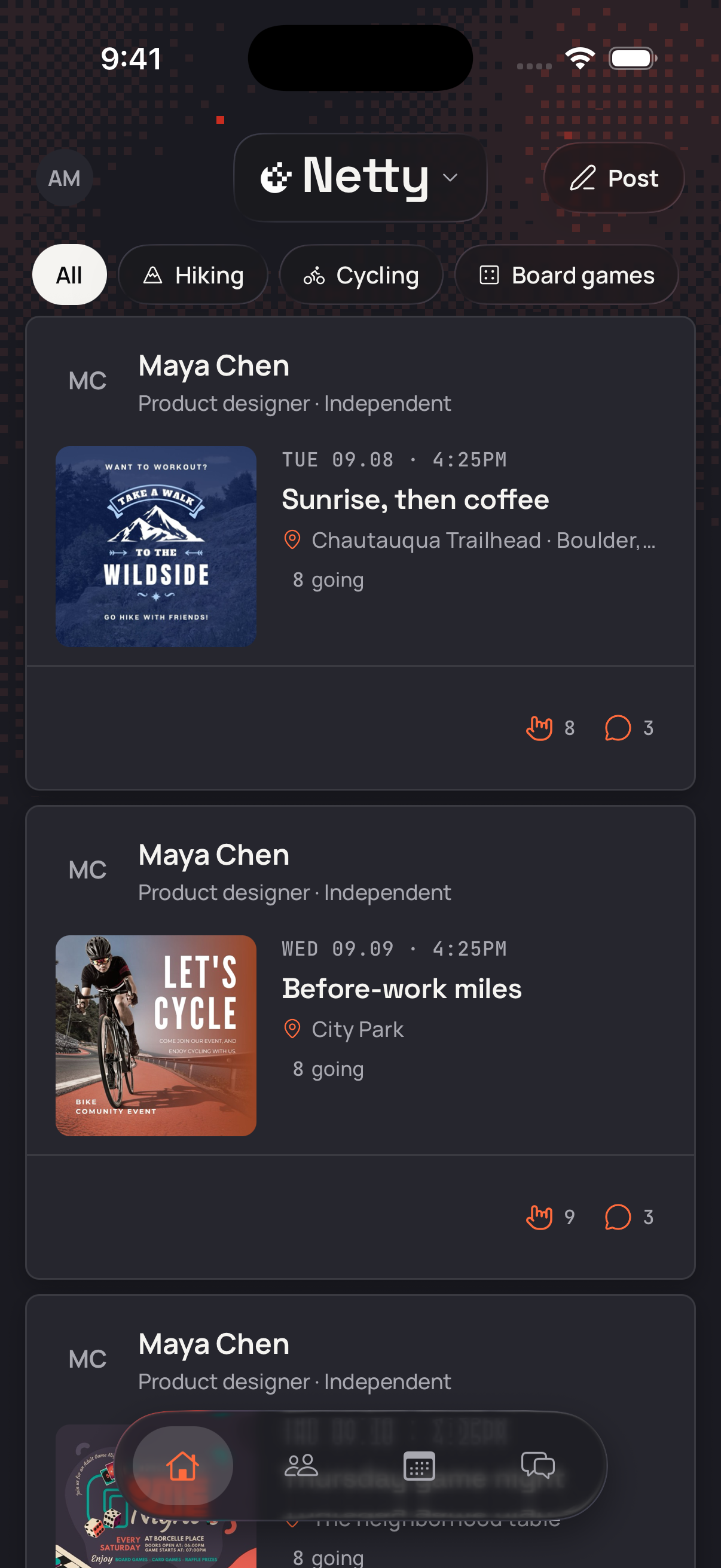 Netty iOS Feed screen with sample content